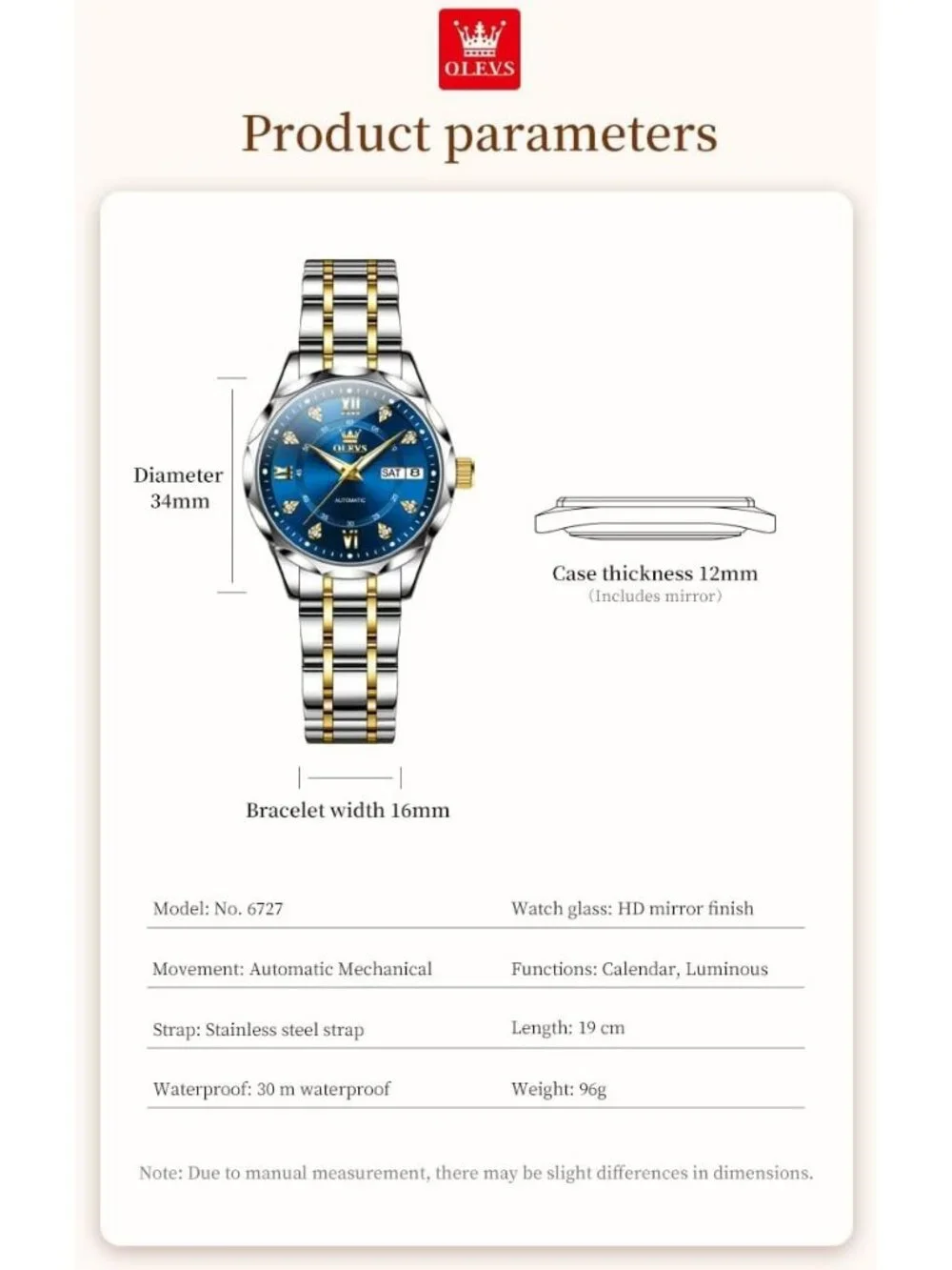 Women's Blue Automatic Diamond Luxury Mechanical Stainless Dress Wrist Watches